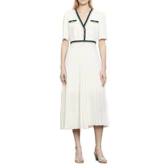 Sandro Paris Cruise Midi Dress Pleated Skirt A Line Button White Green Size 1 S - Picture 1 of 11